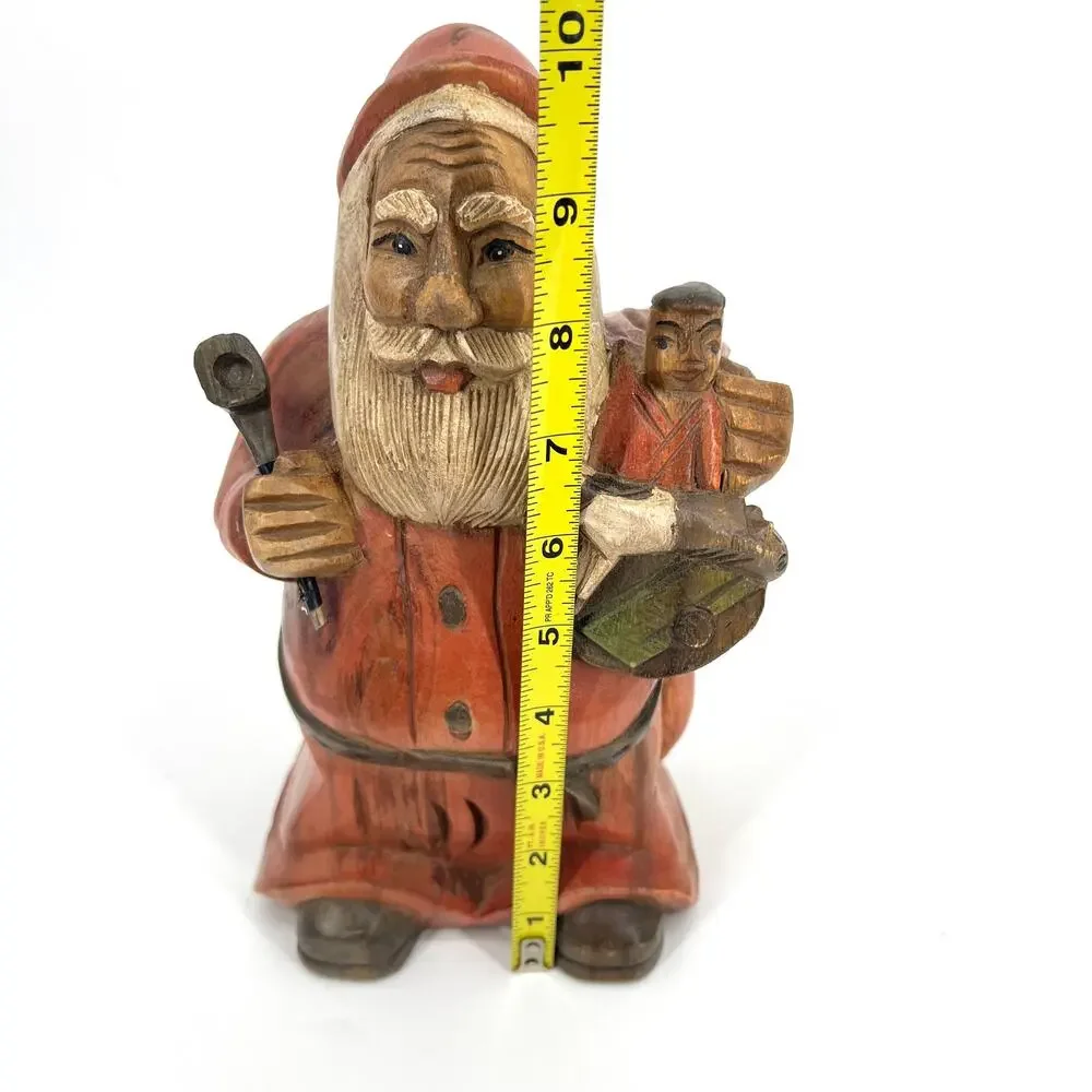 Vintage 80s Solid Wood Hand Carved Primitive Santa with Toy Sack and Pipe